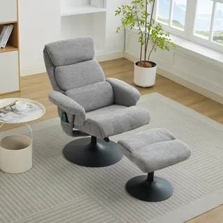 STILVORA Relaxsessel Loungesessel mit 5-Punkte-Massagefunktion,360° drehbar Posterstuhl mit elektrischer Heizfunktion und Hocker,aus Chenille,Grau - Grau