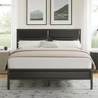 VECELO Bettgestell, 140 x 190 cm, mit Kopfteil aus Holz, Plattformrost aus Metall, mit soliden Lattenhalterungen und Stauraum, einfache Montage, Schwarz
