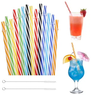 100 Stück Wiederverwendbare Strohhalme, Verdickte Strohhalme Plastik Trinkhalme Plastik mit Strohhalmbürste für Smoothies Cocktail Party Weihnachtsfeier(0,28 Zoll Durchmesser, 9,06 Zoll lang)