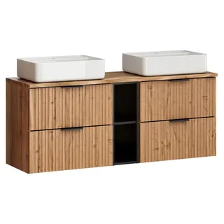 Badezimmer Doppelwaschtisch mit 140 cm Breite in Eiche mit gerillter Front, Platte mit Baumkantenoptik - ADELAIDE-56