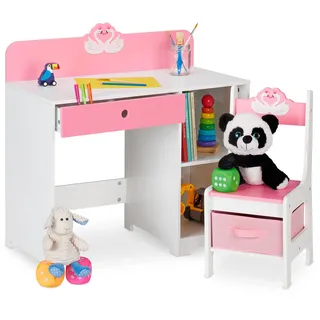 Relaxdays Kinderschreibtisch Schwan-Motiv 80 x 79,5 x 40 cm MDF rosa-weiß