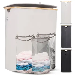 HENNEZ Wäschebox 150L - Wäschekorb 3 Fächer - Deckel - Wäschesortierer mit Wäschesack - Laundry Baskets - beige Bambus - Wäschetonne - Wäsche Sortiersystem - Wäschesammler