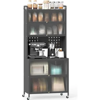 COSTWAY Küchenschrank mit Rollen, Buffetschrank mit Arbeitsplatte, Lochwand, Haken, transparenten Türen, für Mikrowelle, Aufbewahrungsschrank, Grau - Grau