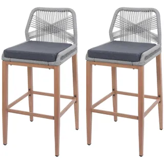 Mendler 2er-Set Rope-Barhocker  Outdoor Sitzpolster Seilgeflecht Metall Holz-Optik  hellgrau