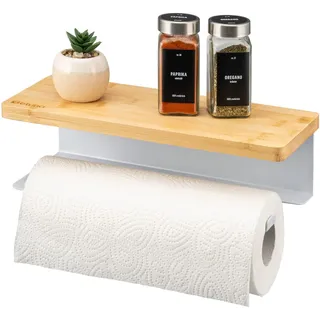 eluno Küchenrollenhalter mit Bambusablage , Weiß , Metall , 32x9.5x13 cm , Küchenzubehör, Küchenhelfer, Küchenrollenhalter