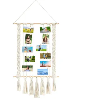 Dwitkul Fotovorhang zum Aufhängen Bilderrahmen mit Klammern und Leine Fotoseil Fotohalter Boho Fotowand Fotogirlande Handgefertigte Makramee-Fotorahmenwand mit Fransen Fotoleine Wanddekoration