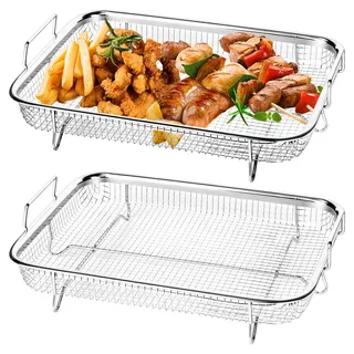 PYserne 2 Stück Edelstahl Grillkorb, 30x22.5x5.2cm Grillgitter Mesh Backkorb mit Griffen Metall Ofen Grill für Backen Von Keksen Grillen Fettarmes Heißluft-Garen