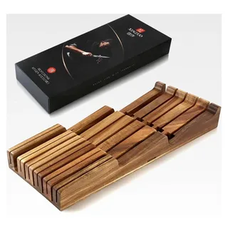 Messerblock für Schublade aus Akazienholz - Aufbewahrung für 4 lange und 6 kurze Messer sowie 1 Wetzstahl - Messerhalter für Schubladen 43,6 x 18,4 x 5,3 cm - Küchen Messerorganizer