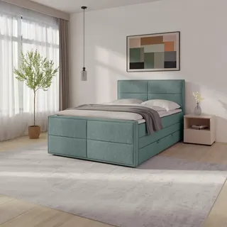 Mid.you Boxspringbett , Blau , Textil , Birke, Buche,Birke, Buche , Hartholz , H2 , Höhe ca. 19 cm , 120x200 cm , Federkernmatratze, Stoffauswahl, in verschiedenen Größen erhältlich, Härtegradauswahl , Holzmöbel, Holzbetten, Boxspringbetten Holz