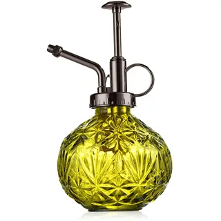KoGiio Pflanzen Glas Sprühflasche, 240ml Retro Relief Pflanzensprüher mit Pumpe, Blumen Zerstäuber Drucksprüher für Balkon Kleiner Gartenpflanzen Indoor Haus Oder Büro Gelb Grün + Bronze Sprühkopf