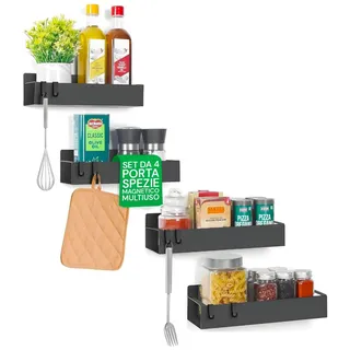 Avilia - Set mit 4 magnetischen Regalen, schwarz, für Kühlschrank, mit integrierten Haken, einfach anzubringen, platzsparendes Gewürzregal, um Gläser, Gewürze und Utensilien immer ordentlich zu halten
