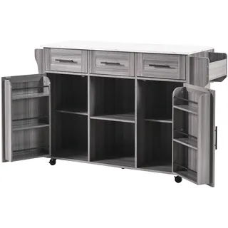 139x46(71)x 91.5cm Servierwagen, grau Massivholz-Furnier für den Korpus + weiß Marmor-Furnierdekoration für die Arbeitsplatte, klappbare Arbeitsfläche, - Grau, Weiß
