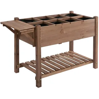 Outsunny Hochbeet Pflanzkasten mit 8 geteilten Gittern, faltbare Ablage, Massivholz, Braun , Holz , 54x80x123 cm , Gartenzubehör, Hochbeete