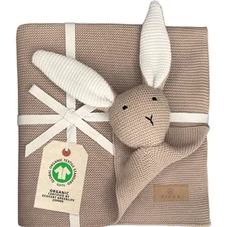 DIKOS® Original Babydecke SCHMUSE-Hase (warmes Taupe) – Premium 2-in-1 Neugeborenen Kuscheldecke & Schmusetuch – aus weicher gestrickter Bio-Baumwolle (GOTs/Oeko-TEX) – schönes Babygeschenk zur Geburt