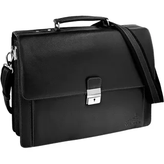 Fa.Volmer ® Leder Umhängetasche Herren Groß - Businesstasche, Bürotasche, Dokumententasche - Laptopfach 15,6 Zoll | (Schwarz)