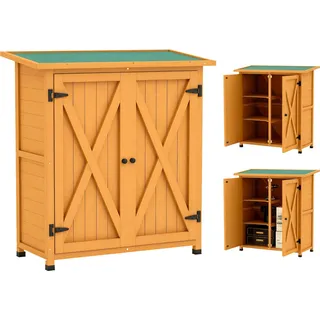 Outsunny Gartenschrank, Geräteschuppen aus Holz, Wetterfest Geräteschrank mit 2 Türen, Werkzeughaus mit Asphaltdach, 110 x 55 x 117 cm, Gelb - Gelb