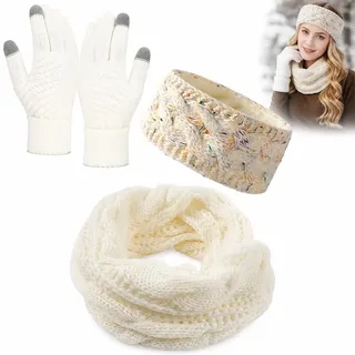 FMPXYYA Mütze und Schal Set Damen 3-teilig Winter Weiß – Strickset mit Stirnband, Schlauchschal und Handschuhen – Warmes Accessoire-Set für Damen Outdoor Sport Alltag Geschenk