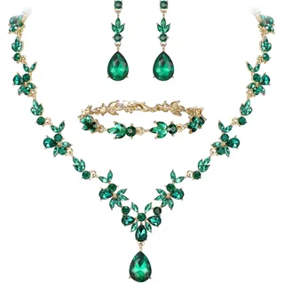 Clearine Hochzeit Schmuckset für Damen Braut Y-Halskette Tennis Armband und Ohrringe baumeln Set Kristall Teardrop Marquise Cluster Schmuck für Braut Brautjungfer Smaragdgrün Gold-Ton