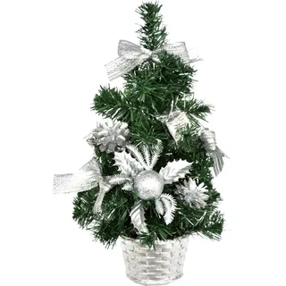 Eleganter 35 cm Weihnachtsbaum Silber, dekoriert mit Weihnachtsstern, Kugeln & Schleifen - Silber