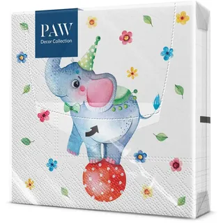 Paw Decor Collection PAW - Servietten 3-lagig (33 x 33 cm) I 20 Stück I Perfekt für Kindergeburtstage, Partys, Kommunion und Feiern I Papierservietten Bunt mit Party Motiv I Elefant, Party, Tiere - Circus Elephant