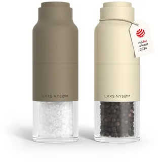 LARS NYSØM Salz und Pfeffermühle Set mit verstellbarem Keramikmahlwerk I Edelstahl Pfeffermühle und Salzmühle I Gewürzmühlen Set (Brown/Beige)