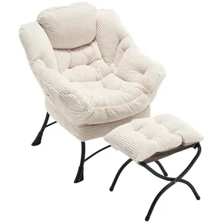 Redom Loungesessel mit Hocker, Seitentasche Stahlgestell 69,9/64/95 cm Weiß , Textil , 69.9x95x64 cm , Wohnzimmer, Sessel