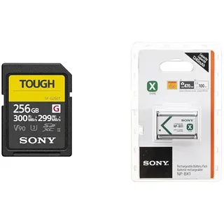 Sony SDXC UHS-II Speicherkarte mit 256GB, Schreiben mit 299 MB/s, 4k Video, Tough-Serie - Robust & IP68, SFG256T & NP-BX1 Li-Ion Akku (Typ X, 3,6V, 1240mAh) für Cyber-Shot