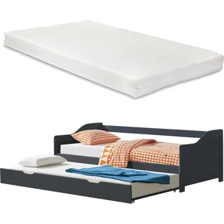 [en.casa] Tandembett 2x 90x200cm Dunkelgrau Ausziehbett mit 2x Matratzen Doppelt Sofabett mit Lattenrost Funktionsbett Kiefernholz Schlafsofa Gästebett Kojenbett Tagesbett - Dunkelgrau