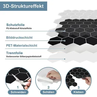 Izrielar Fliesenaufkleber 30x30cm Fliesen-Folie 10 Stück Deko selbstklebende Klebefliesen Schwarz für Küche Bad Wohnzimmer Zimmer - Schwarz