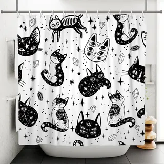 SDOTPMT 180x180cm Weiß Schwarz Katze Duschvorhang Böhmen Katze Abstrakt Stern Diamant Gotisch Mystiker Badevorhang Weiß Badewannenvorhang für Kinder Badezimmer Polyester Wasserdicht mit Haken