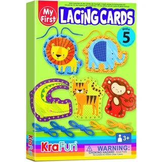 KRAFUN Safari-Tier-Schnürkarten-Set für Kinder ab 3 Jahren, 5 Anfänger-Projekte mit Löwe, Affe, Elefant, Tiger, Krokodil, Anleitung, Feinmotorik-Spielzeug