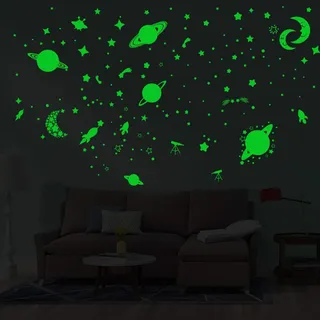 Alnicov Leuchtende Sterne und Planeten, Wandaufkleber, leuchtende Galaxie, Mond, Sterne, Rakete, Decken-DIY Wandsticker für Schlafzimmer, Wohnzimmer, Geburtstag, Weihnachten, Dekoration, Gr