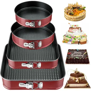 FAMKEEP Springform Kuchenform Set 4 Stück Kuchenformen,Abnehmbarer Flachboden,Auslaufsicher Antihaft,Runde Backform,Tortenform zum Backen Verschiedener Kuchen unt Brot (16/20/22/26 cm)- Rot