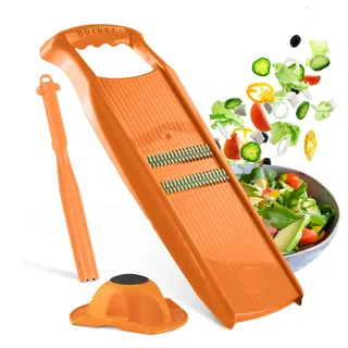 Börner Roko PowerLine Gemüseschneider Geschenk-Set (3-tlg.) • Feiner Streifenschneider für Obst & Gemüse + Fruchthalter + Kombischäler • Gemüsehobel • Küchenhobel Set • Farbe: Orange