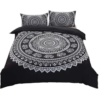 DasyFly 3-teiliges Bettwäsche-Set im Bohemian-Mandala-Stil, King-Size-Bettbezug, Elefant, Boho-Chic, Hippie-Bettwäsche, Mandala-Steppdecke/Steppdecke für Jungen und Mädchen, Schwarz/Weiß