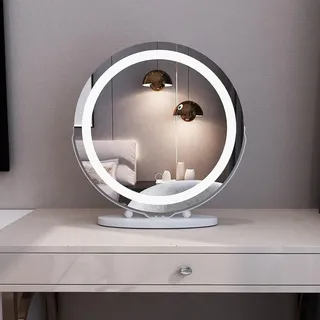 MIQU Schminkspiegel mit Beleuchtung 50 x 50cm Großer Vanity Hollywood Spiegel mit Touch Dimmbar 3 Lichtfarben LED licht, 360° Drehbar Kosmetikspiegel Rund Badspiegel Tischspiegel weiß Metallrahmen