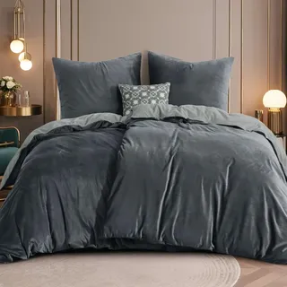RUIKASI Flanell Bettwäsche 135 x 200 4teilig Grau - Hellgrau Warm Winter Bettwäsche Kuschel Plüsch Fleece Bettbezug Sets mit 2 Kissenbezüge 80x80cm Wendebettwäsche Bedding