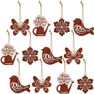EBOOT 12 Stück Vintage Hängedeko Rost Metall Gartendeko Ostern Metallanhänger Deko Vogel Blumen Gießkanne Schmetterling Deko Figur Osterdeko zum Aufhängen mit Seil für Hause Outdoor Wandkunst
