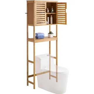 Vevor Toilettenschrank Badezimmerschrank mit Doppeltür & verstellbarem Regal, platzsparender 3-stöckiger Badschrank über der Toilette mit offenem Regal, 65x27x175 cm Aufbewahrungsschrank Natur