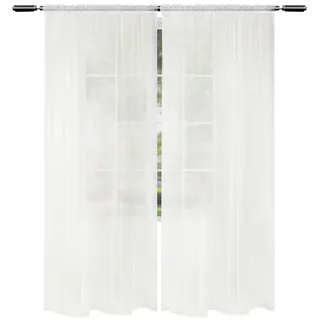 Woltu Gardinen transparent mit Kräuselband 2er Set Vorhänge Leinenoptik Halbtransparent Voile Leinenvorhang Stores Fensterschal Dekoschal für Wohnzimmer Kinderzimmer Schlafzimmer, 140x145cm Weiß