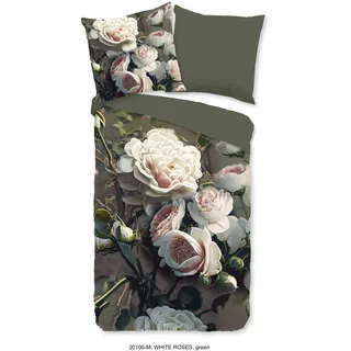 PURE luxury collection Wendebettwäsche »White Roses« 2 Stk. tlg. Mikrofaser, 135x200, 2 Teilig, Wendeoptik, Weiße Rosen, Blumen, grün