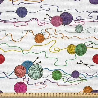 ABAKUHAUS Bunt Satin Stoff als Meterware, Knitting Balls Häkeln Hand Handwerk Stich Garn Hobby Thema Artsy Illustration, 2 M (148 x 200 cm), Mehrfarbig - Bunt