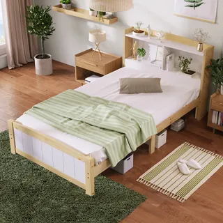 okwish Massivholz Doppelbett Stauraum-Kopfteil Bett,140 x 200 cm Bettgestell mit Lattenrost Holzbett mit Kopfteil,Kinderbett Natürlich und Weiß (ohne Matratze) - Weiß