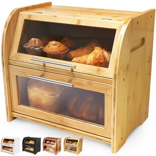 Arise Bambus Brotkasten mit Belüftung, Großer Brotaufbewahrungsbehälter, 2 Regale und Sichtfenster, Holz Brotbehälter für Hörnchen, Brötchen, Brotaufbewahrung. 40 x 26 x 37 Brotbox - Selbstmontage