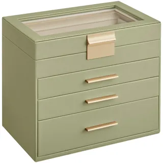 SONGMICS Schmuckkästchen, Schmuckkasten mit 4 Ebenen, Schmuckbox mit Glasdeckel, 3 Schubladen, für Sonnenbrillen, große Schmuckstücke, Schmuckaufbewahrung, modern, lorbeergrün-golden JBC161C02