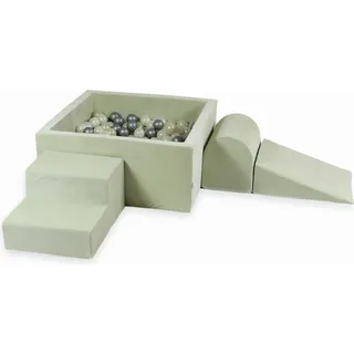 Schaumstoffspielplatz mit quadratischem Pool 90x90x40 Velvet Soft Light Mint + 400 Bälle: Hellgold, Schillernd, Silber