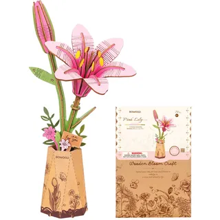 rowood 3D Puzzle Rosa Lilien, DIY-Blume Aus Holz, Modellbausätze Für Künstliche Blumen Zum Zusammenbauen Für Erwachsene, Beste Heimdekoration Und Valentinstags-Spielzeug-Geschenkset