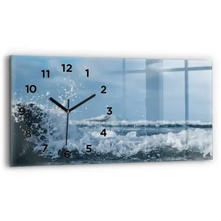 Wallfluent Wanduhr – Stilles Quarzuhrwerk - Uhr Dekoration Wohnzimmer Schlafzimmer Küche - Zifferblatt - schwarze Zeiger - 60x30 cm - Fotografie von Meereswellen - Blau