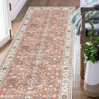 TOPICK Vintage Küchenteppich läufer Flur waschbar küchenläufer 60x213 Rot | orientalisch Teppichläufer brücken Teppich Läufer lang rutschfest cottagecore Flurteppich Eingangsbereich Kitchen Runner Rug