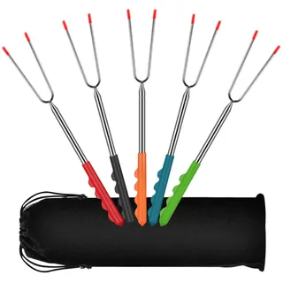 Grillspieße Grillgabel 5 Stück,Spieße Ausziehbar 32cm-115cm Grillspieße Lagerfeuer Teleskop BBQ Edelstahl Stockbrot Spieße, ideal für Camping,Gartenparty, Grillparty usw